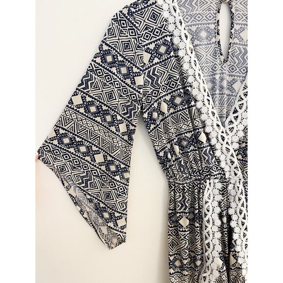Navy Blue and Tan Tribal Print Lace Romper Size Small - Picture 2 of 7